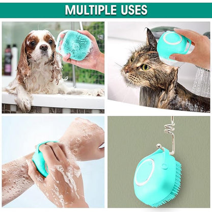 Dog Brush With Soft Silicone Bristle for Dog Bath Cat Bath, Pet grooming Bath Massage Brush with soap Shampoo Dispenser| Long -Short hair Dog washing brush,Cat Shower.