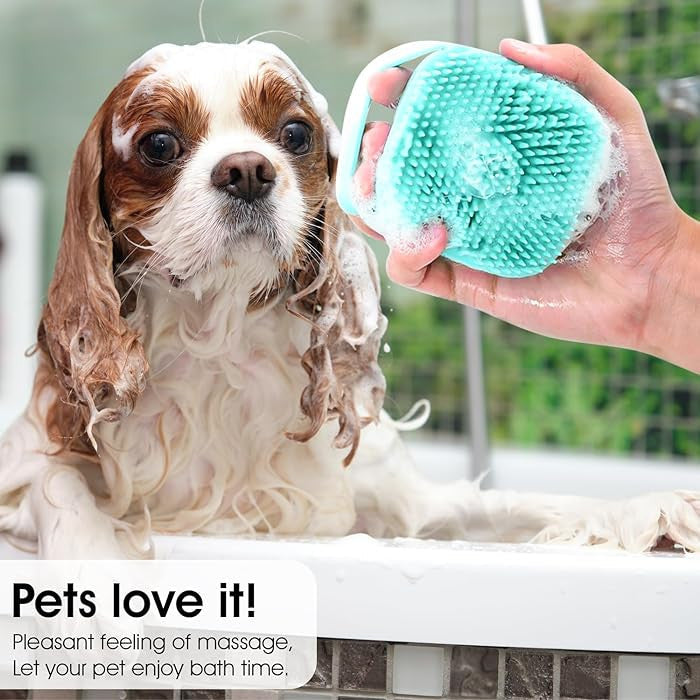 Dog Brush With Soft Silicone Bristle for Dog Bath Cat Bath, Pet grooming Bath Massage Brush with soap Shampoo Dispenser| Long -Short hair Dog washing brush,Cat Shower.