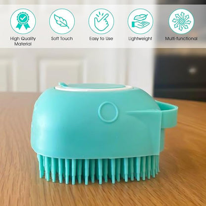 Dog Brush With Soft Silicone Bristle for Dog Bath Cat Bath, Pet grooming Bath Massage Brush with soap Shampoo Dispenser| Long -Short hair Dog washing brush,Cat Shower.